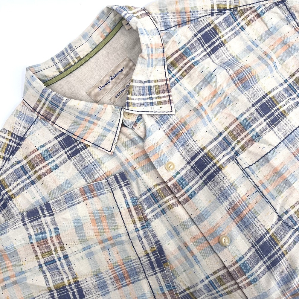 TOMMY BAHAMA Men's XL Original Fit Silk Ivory Plaid Short-Sleeve Button-Up Shirt